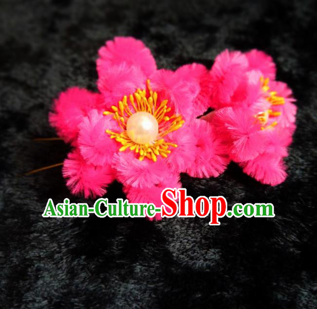 Handmade Chinese Ancient Qing Dynasty Rosy Velvet Hibiscus Hairpins Traditional Court Hanfu Hair Accessories for Women