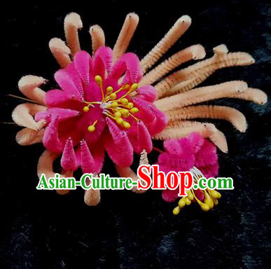 Chinese Ancient Qing Dynasty Rosy Velvet Chrysanthemum Hairpins Traditional Court Hanfu Hair Accessories for Women