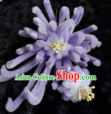Chinese Handmade Qing Dynasty Lilac Velvet Chrysanthemum Hairpins Traditional Ancient Court Hanfu Hair Accessories for Women