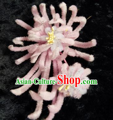 Chinese Handmade Qing Dynasty Court Pink Velvet Chrysanthemum Hairpins Traditional Ancient Hanfu Hair Accessories for Women