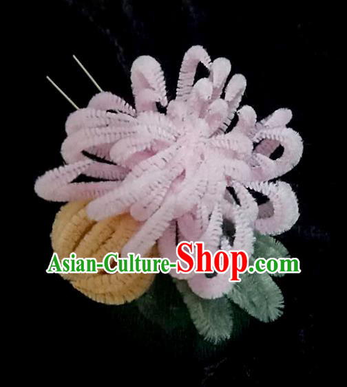 Chinese Ancient Qing Dynasty Court Pink Velvet Chrysanthemum Hairpins Traditional Hanfu Handmade Hair Accessories for Women