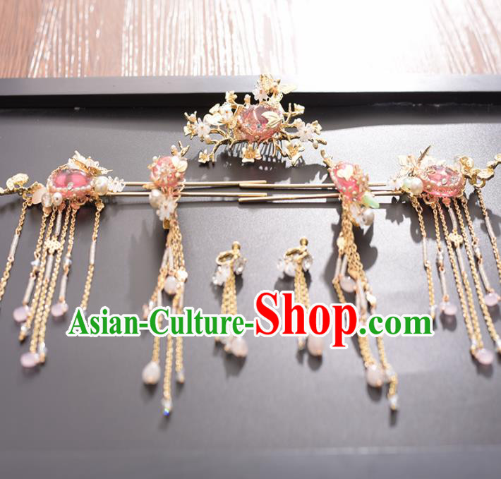 Chinese Ancient Bride Pink Stone Hair Comb Hairpins Traditional Hanfu Wedding Hair Accessories for Women