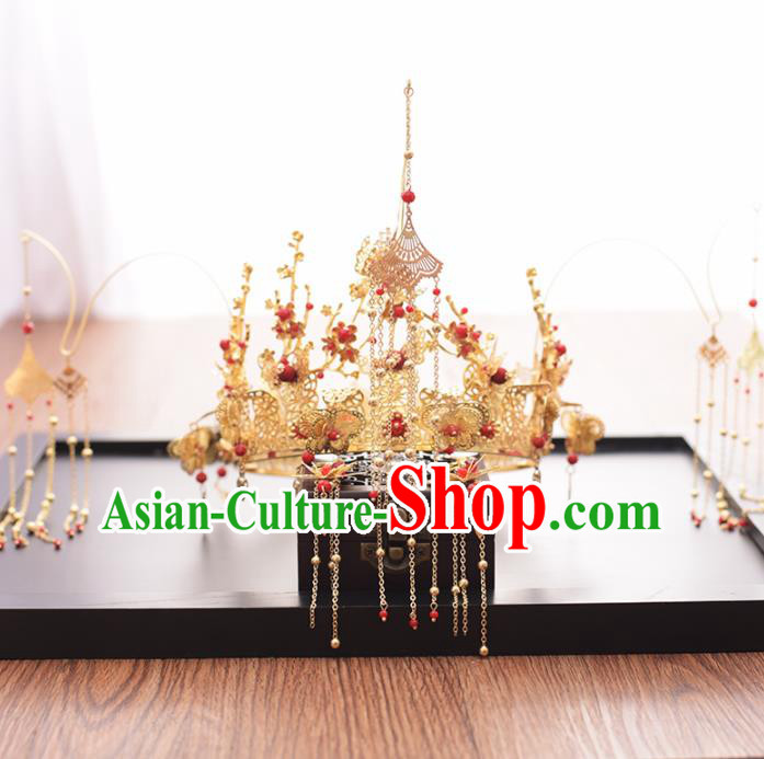 Chinese Ancient Bride Golden Butterfly Phoenix Coronet Hairpins Traditional Hanfu Wedding Hair Accessories for Women