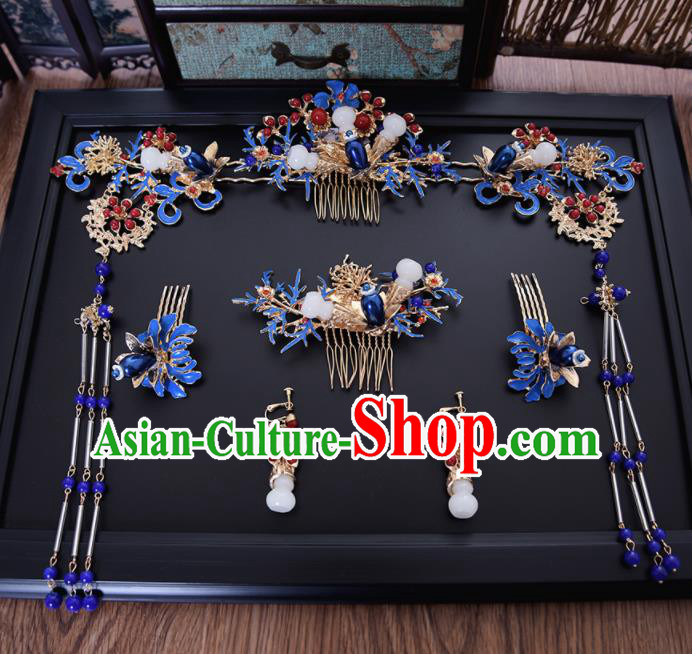 Chinese Ancient Bride Blueing Hair Comb Tassel Hairpins Traditional Hanfu Wedding Hair Accessories for Women