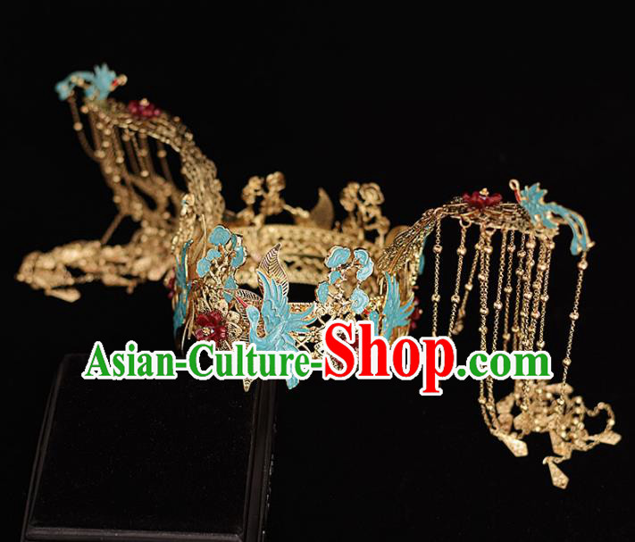 Chinese Ancient Bride Blue Cranes Tassel Phoenix Coronet Hairpins Traditional Hanfu Wedding Hair Accessories for Women