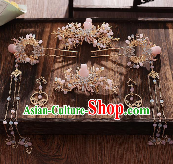 Chinese Ancient Bride Pink Stone Hair Comb Tassel Hairpins Traditional Hanfu Wedding Hair Accessories for Women