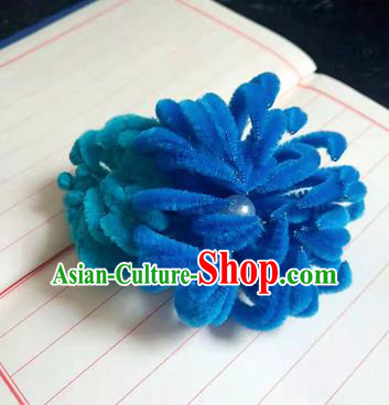 Chinese Ancient Court Blue Velvet Chrysanthemum Hairpins Traditional Hanfu Handmade Hair Accessories for Women