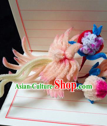 Chinese Ancient Court Pink Velvet Phoenix Chrysanthemum Hairpins Traditional Hanfu Handmade Hair Accessories for Women
