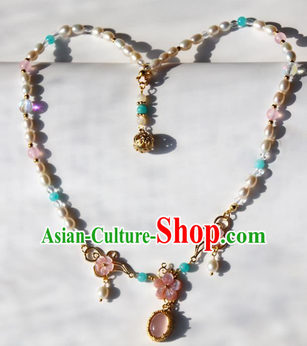 Chinese Ancient Court Pink Flower Pearls Necklace Traditional Princess Hanfu Wedding Accessories for Women