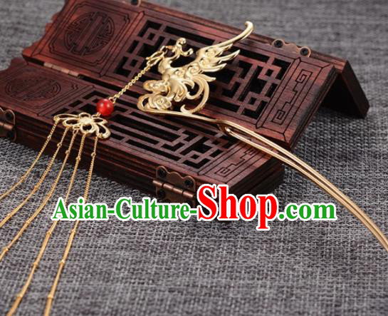 Chinese Ancient Princess Tassel Hair Clip Golden Phoenix Hairpins Traditional Handmade Hanfu Hair Accessories for Women