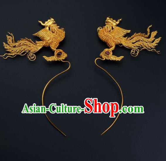 Ancient Chinese Ming Dynasty Empress Golden Phoenix Hairpins Traditional Hanfu Court Hair Accessories for Women