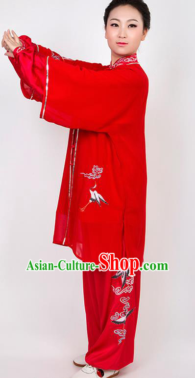 Chinese Traditional Martial Arts Embroidered Crane Red Costume Best Kung Fu Competition Tai Chi Training Clothing for Women