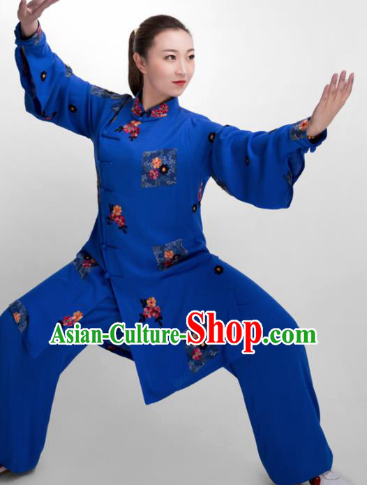 Chinese Traditional Martial Arts Blue Costume Kung Fu Tai Chi Training Clothing for Women