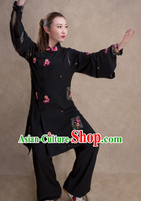 Chinese Traditional Martial Arts Black Costume Kung Fu Tai Chi Training Clothing for Women