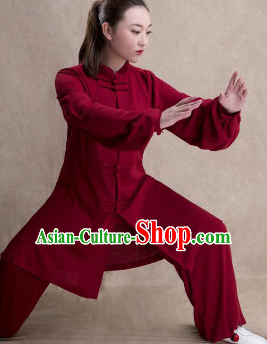 Chinese Traditional Martial Arts Competition Wine Red Costume Kung Fu Tai Chi Training Clothing for Women