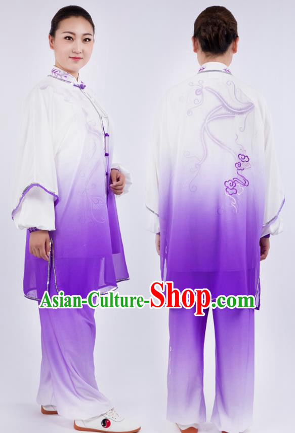 Chinese Traditional Martial Arts Gradient Purple Costume Kung Fu Competition Tai Chi Training Clothing for Women