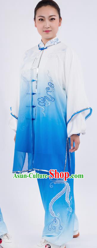 Chinese Traditional Martial Arts Gradient Blue Costume Kung Fu Competition Tai Chi Training Clothing for Women