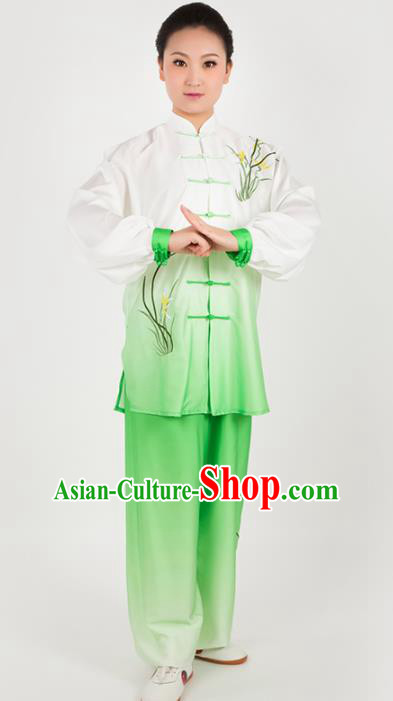 Chinese Traditional Martial Arts Embroidered Orchid Green Costume Kung Fu Competition Tai Chi Training Clothing for Women