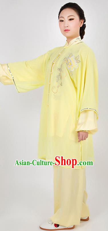Chinese Traditional Martial Arts Embroidered Peony Yellow Costume Best Kung Fu Competition Tai Chi Training Clothing for Women