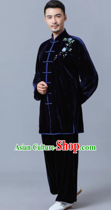 Traditional Chinese Martial Arts Competition Black Velvet Uniforms Kung Fu Tai Chi Training Costume for Men