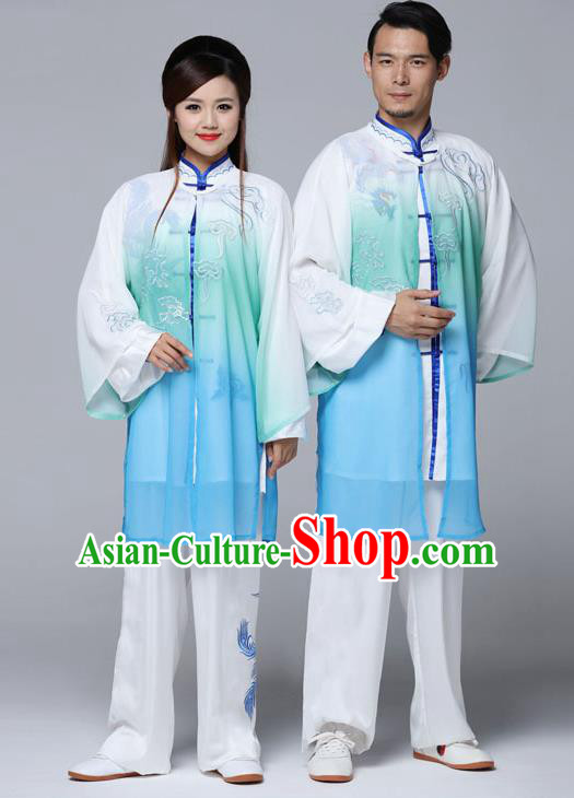 Traditional Chinese Martial Arts Competition Gradient Blue Uniforms Kung Fu Tai Chi Training Costume for Adults