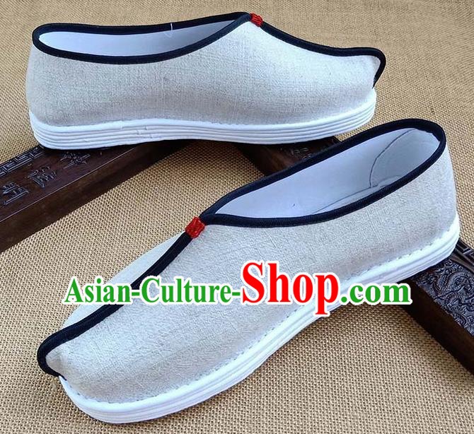 Traditional Chinese Beige Linen Monk Shoes Handmade Multi Layered Cloth Shoes Martial Arts Shoes for Men