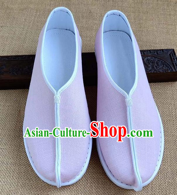 Traditional Chinese Pink Linen Monk Shoes Handmade Multi Layered Cloth Shoes Martial Arts Shoes for Men