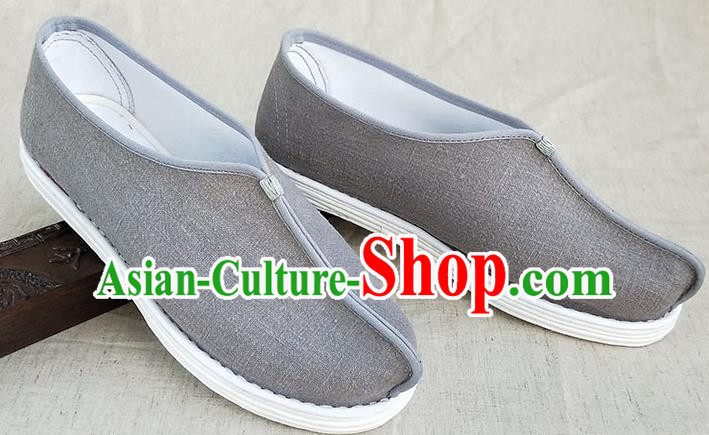 Traditional Chinese Grey Linen Monk Shoes Handmade Multi Layered Cloth Shoes Martial Arts Shoes for Men
