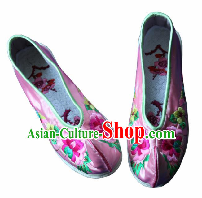 Traditional Chinese Embroidered Peony Pink Shoes Handmade Hanfu Shoes Ancient Princess Satin Shoes for Women