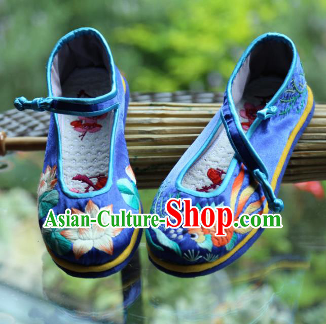 Traditional Chinese Embroidered Lotus Royalblue Shoes Handmade Hanfu Shoes Ancient Princess Satin Shoes for Women