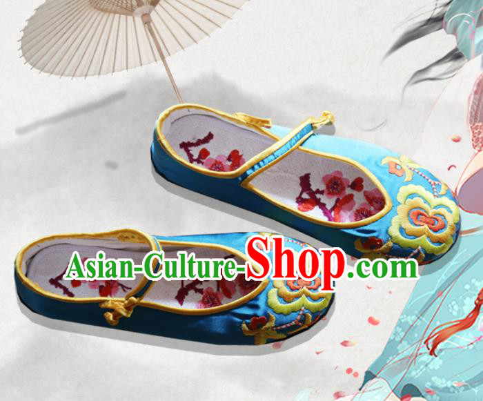 Traditional Chinese Blue Embroidered Shoes Handmade Hanfu Shoes Ancient Princess Shoes for Women
