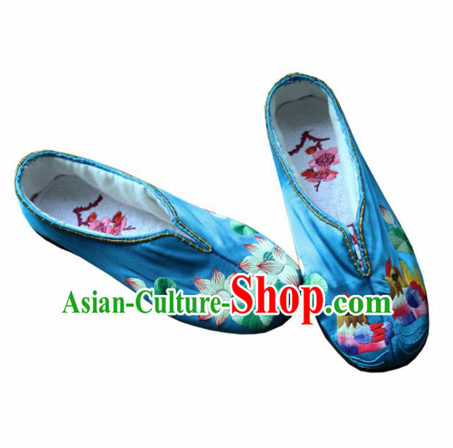 Traditional Chinese Embroidered Lotus Blue Shoes Handmade Hanfu Shoes Ancient Princess Shoes for Women