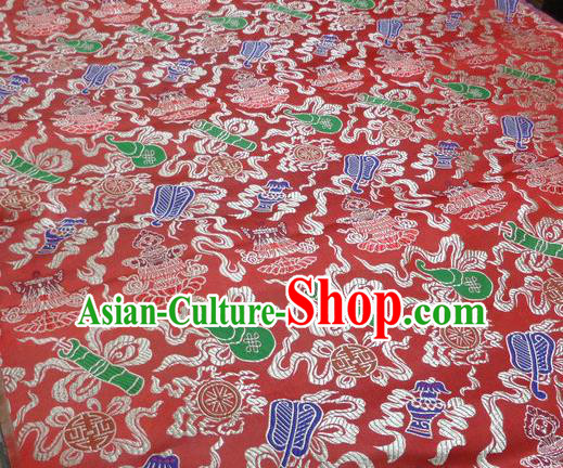 Asian Chinese Buddhism Traditional Eight Treasures Pattern Design Red Brocade Fabric Tibetan Robe Silk Material