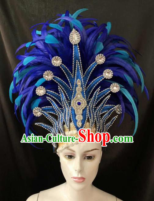 Customized Halloween Cosplay Deluxe Blue Feather Hair Accessories Brazil Parade Catwalks Giant Headpiece for Women