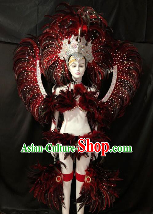 Customized Halloween Samba Dance Red Feather Costume Brazil Parade Wings Backboard and Headpiece for Women
