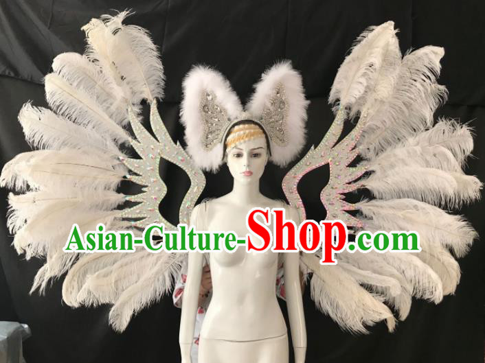 Customized Halloween Samba Dance White Feather Props Brazil Parade Wings Backboard and Headpiece for Women