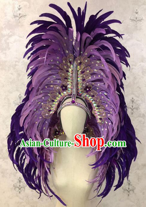 Customized Halloween Cosplay Purple Feather Hair Accessories Brazil Parade Samba Dance Giant Headpiece for Women