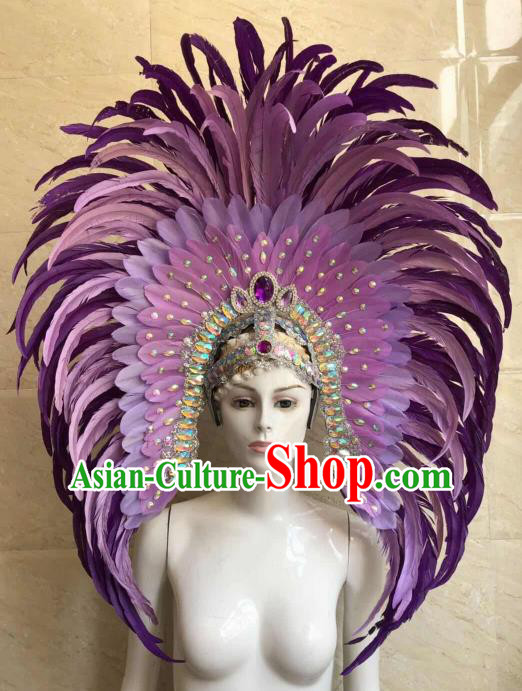 Customized Halloween Carnival Purple Feather Giant Hair Accessories Brazil Parade Samba Dance Headpiece for Women