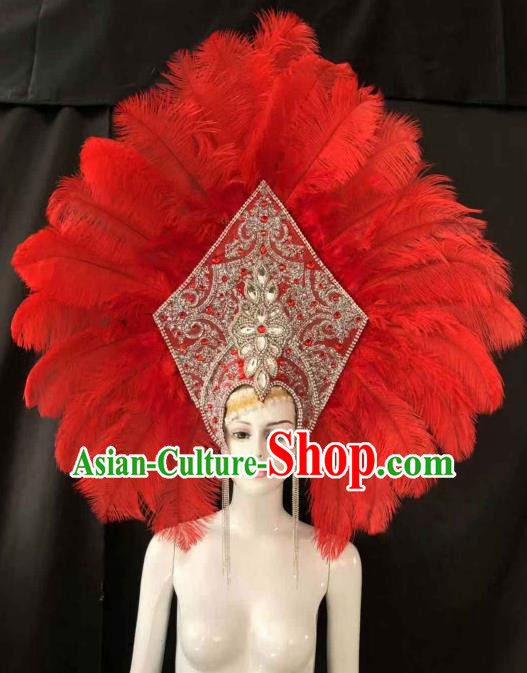 Customized Halloween Carnival Red Feather Giant Hair Accessories Brazil Parade Samba Dance Headpiece for Women