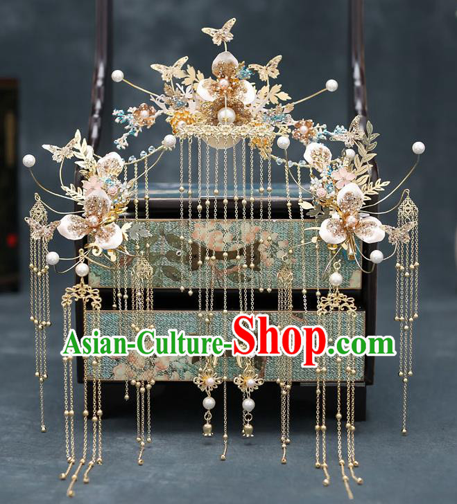 Top Chinese Traditional Golden Butterfly Tassel Phoenix Coronet Wedding Bride Handmade Hairpins Hair Accessories Complete Set