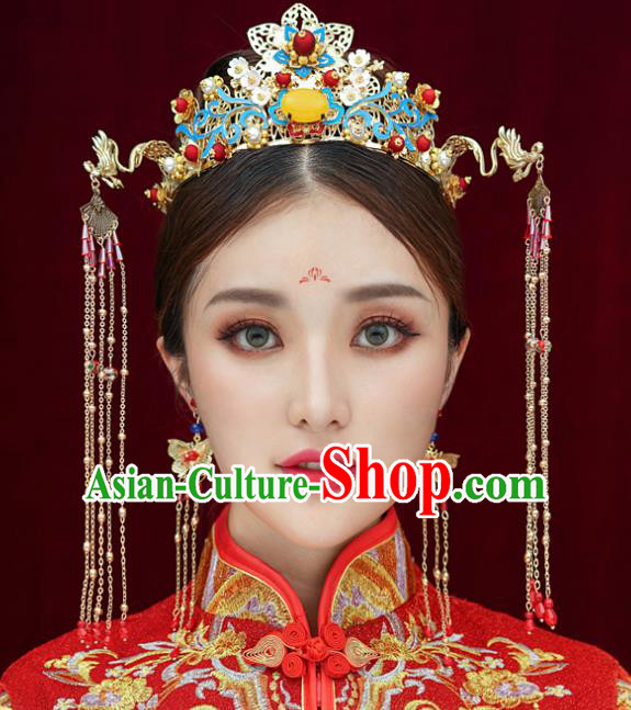 Top Chinese Traditional Blue Hair Crown Wedding Bride Handmade Hairpins Hair Accessories Complete Set