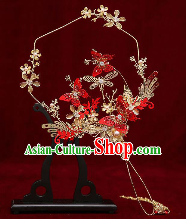 Chinese Traditional Wedding Red Butterfly Fan Ancient Bride Palace Fans for Women