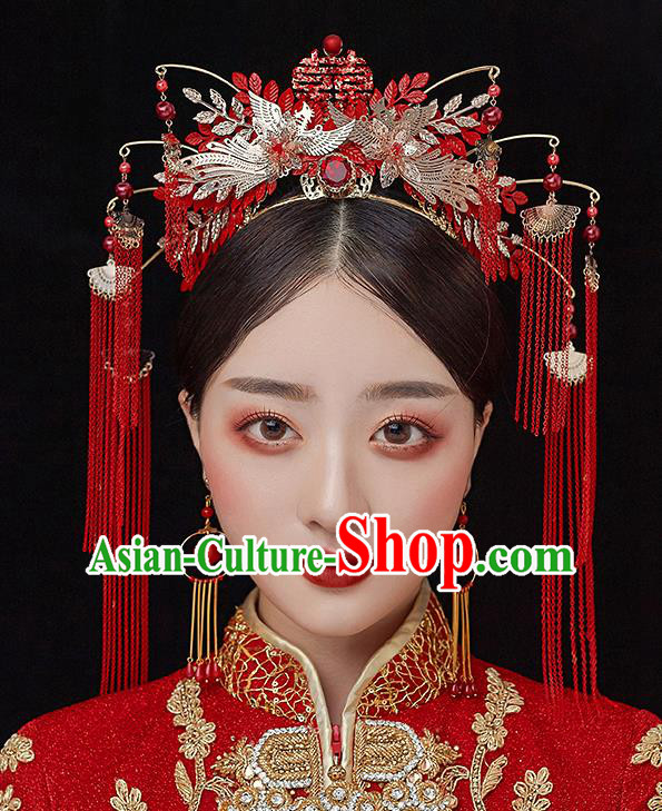 Top Chinese Traditional Red Tassel Phoenix Coronet Wedding Bride Handmade Hairpins Hair Accessories Complete Set