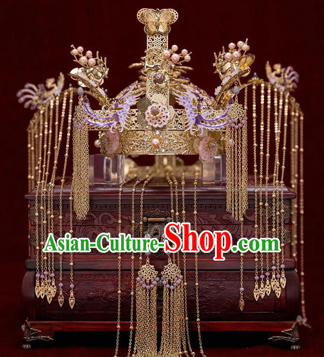 Top Chinese Traditional Bride Golden Phoenix Coronet Handmade Wedding Tassel Hairpins Hair Accessories Complete Set