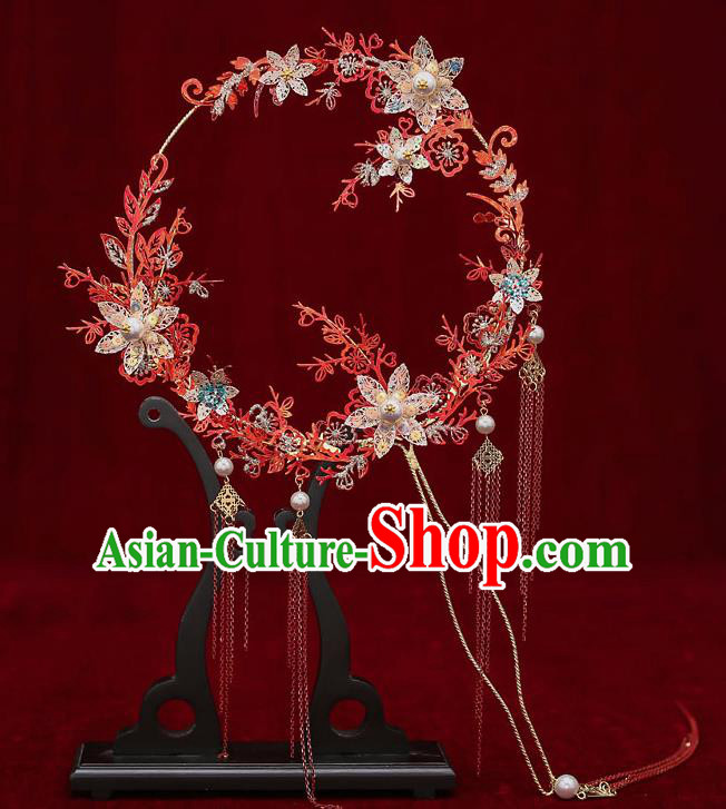 Chinese Traditional Wedding Red Branch Round Fan Ancient Bride Palace Fans for Women