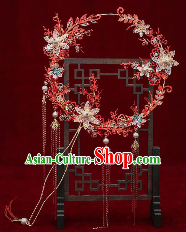 Chinese Traditional Wedding Red Branch Round Fan Ancient Bride Palace Fans for Women