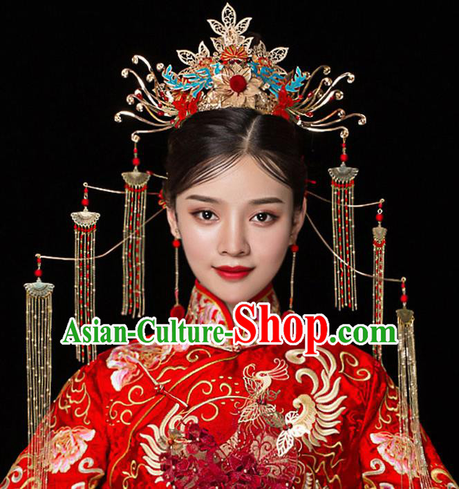 Top Chinese Traditional Bride Red Beads Tassel Phoenix Coronet Handmade Hairpins Wedding Hair Accessories Complete Set