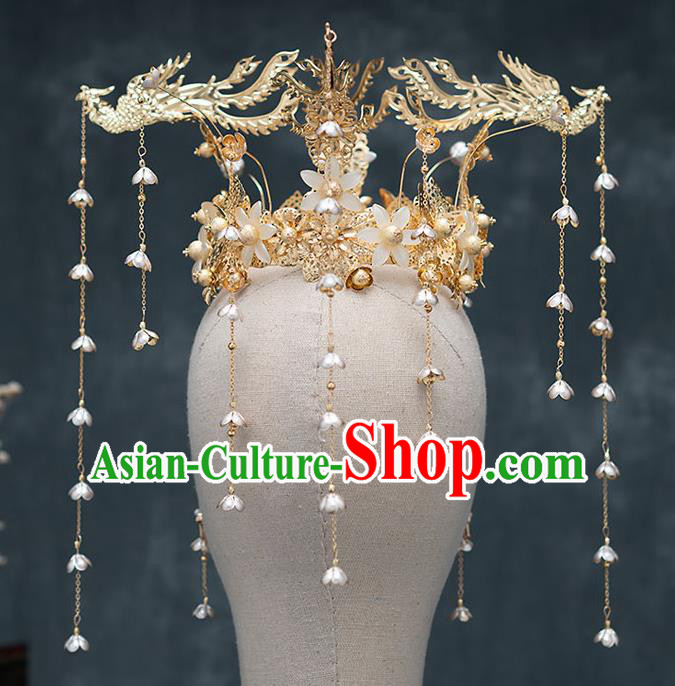 Top Chinese Traditional Bride Luxury Phoenix Tassel Hair Crown Handmade Hairpins Wedding Hair Accessories Complete Set