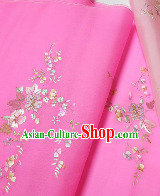 Asian Chinese Traditional Embroidered Petunia Pattern Design Rosy Silk Fabric China Hanfu Silk Material