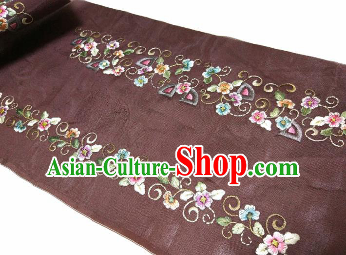 Asian Chinese Traditional Embroidered Flowers Pattern Design Brown Silk Fabric China Hanfu Silk Material